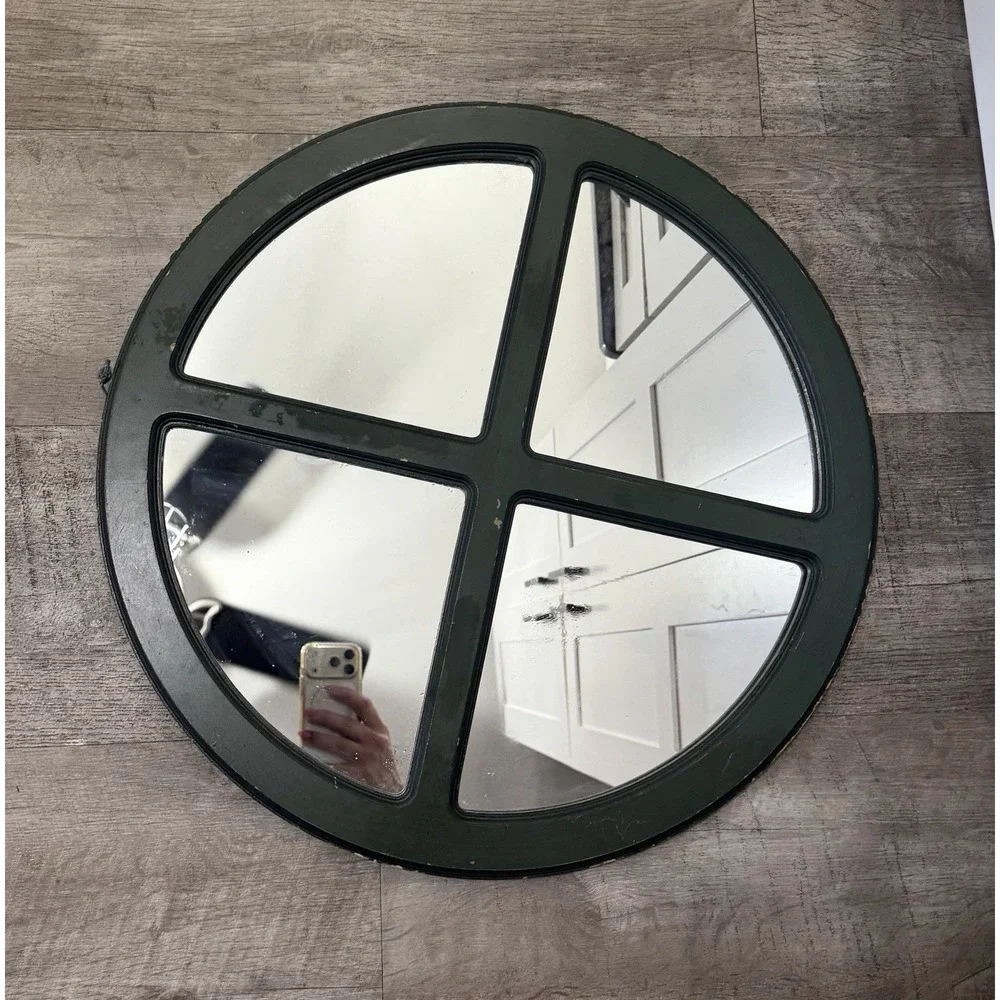 Vtg Round Wood Frame Window Mirror Wall Green Rustic Cottage Core Coastal